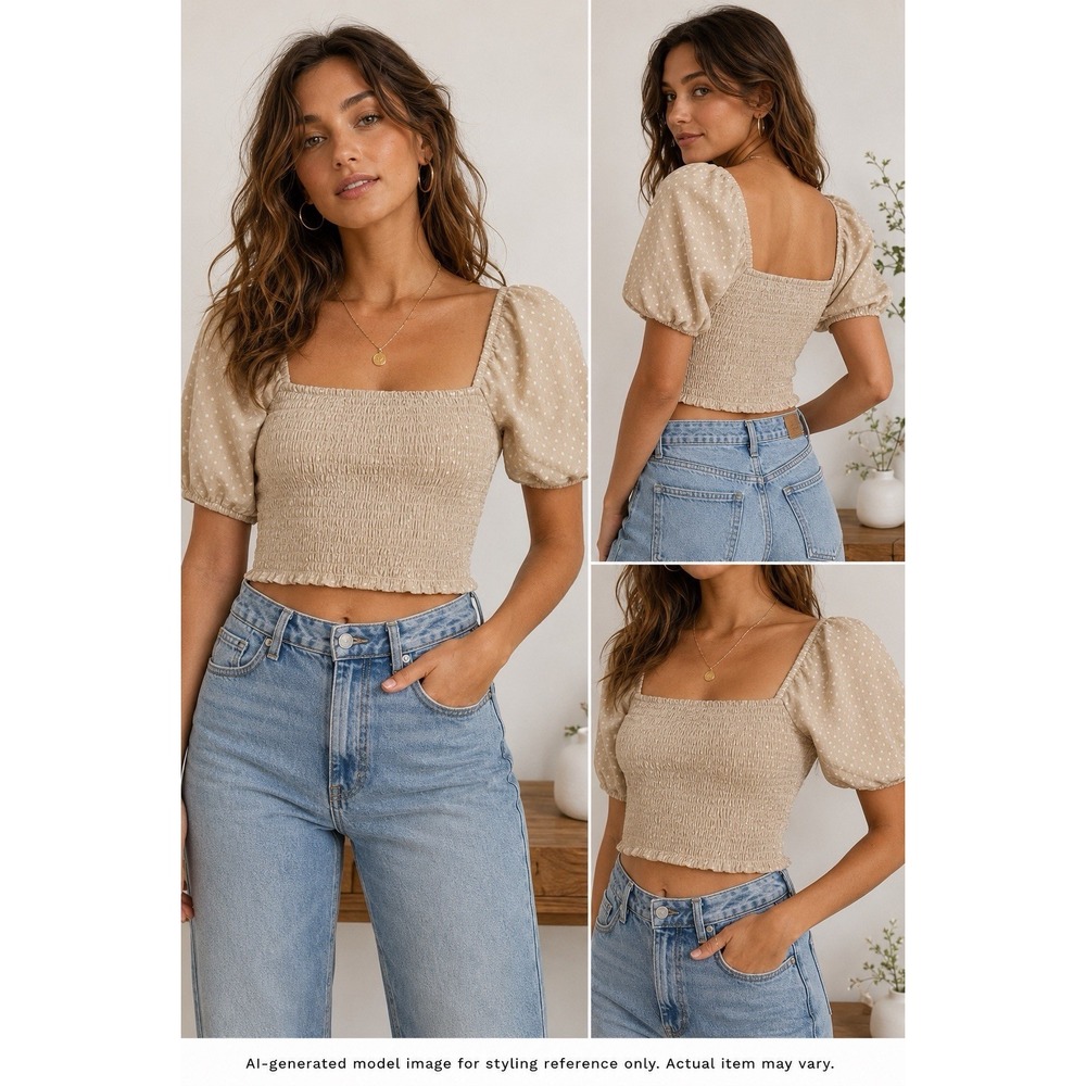 Abercrombie & Fitch Smocked Puff Sleeve Crop Top Beige Polka Dot Womens M NWT